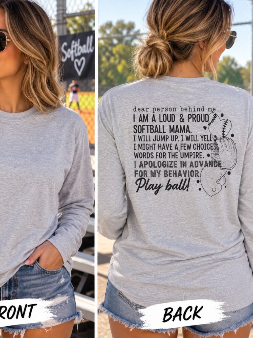 Softball Mama Long Sleeve Shirt Gray Loud & Proud Game Day Tee